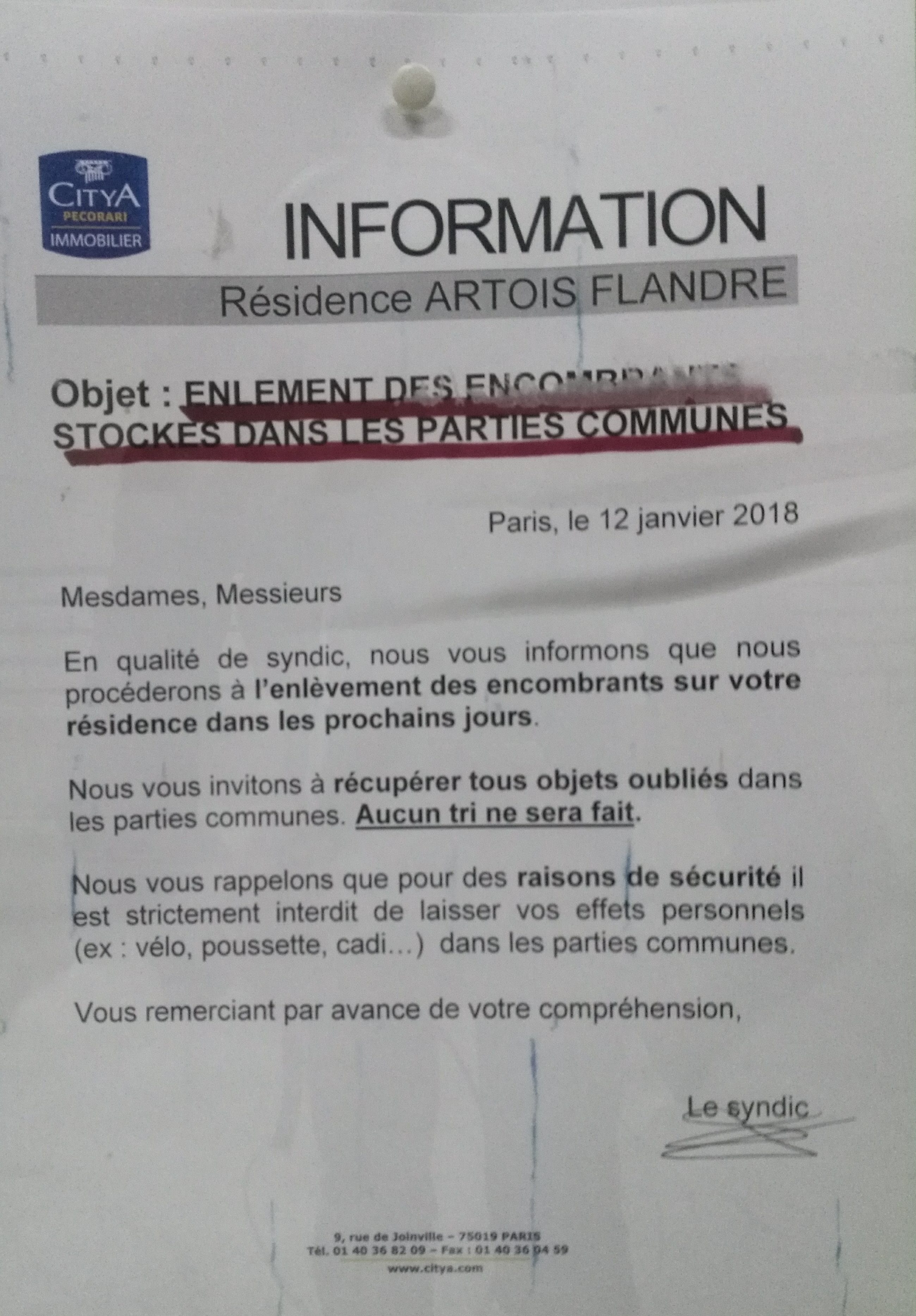 Enlèvement des encombrants stockes dans les parties communes