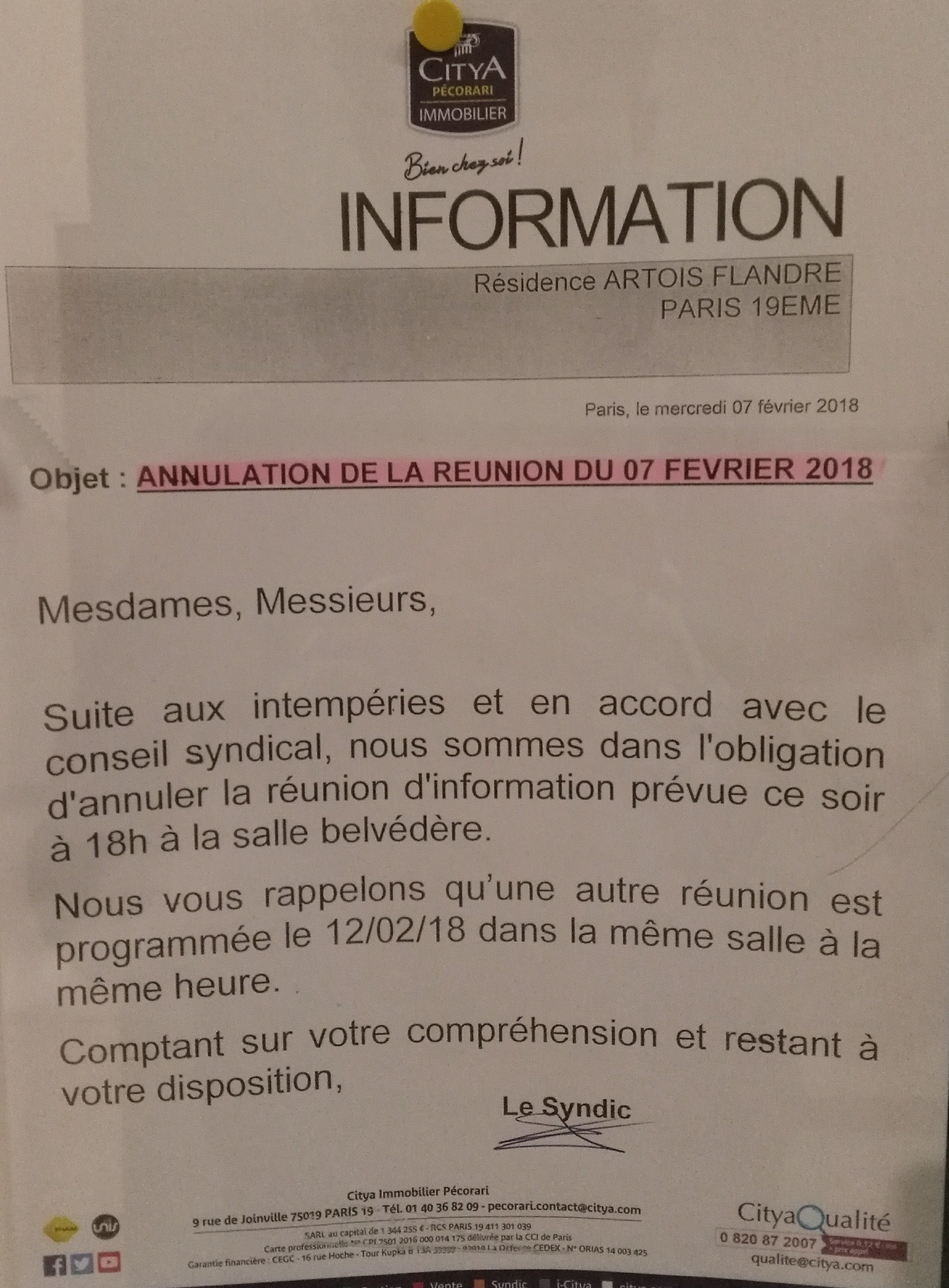 [Info Syndic] Annulation de la réunion d’aujourd’hui (7 février)